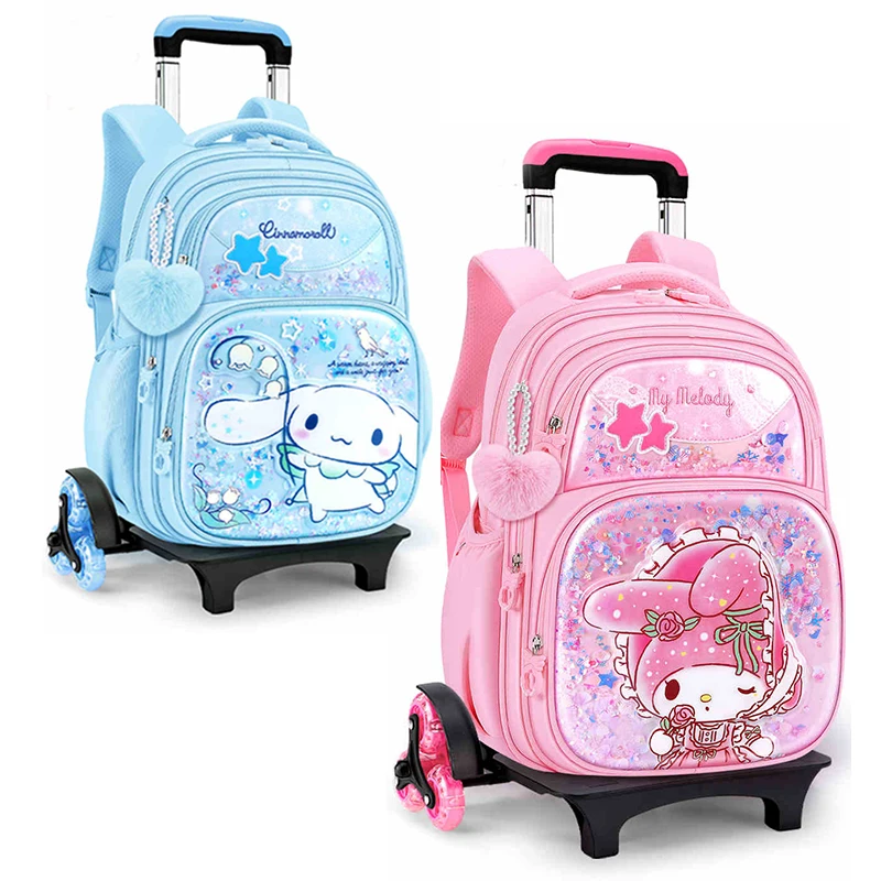 Miniso Cinnamoroll Kuromi Girl Trolley Schoolbag Pupil Grade1-4 cute Wheeled Backpack Elementary Student 6-Wheel School Bag Gift