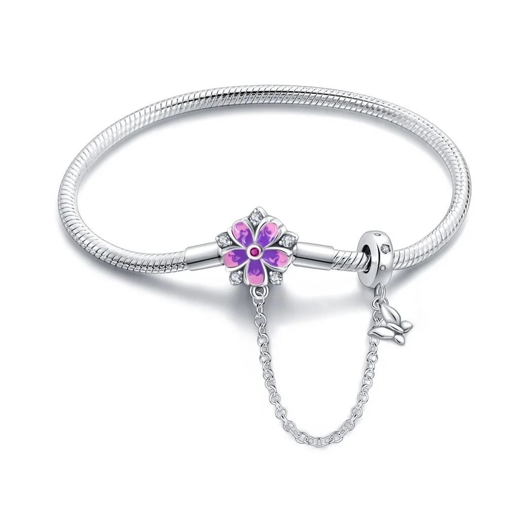 

Romantic 925 Sterling Silver Purple Floral Butterfly Safety Chain Bracelet For Women's Spring Party Jewelry Accessories