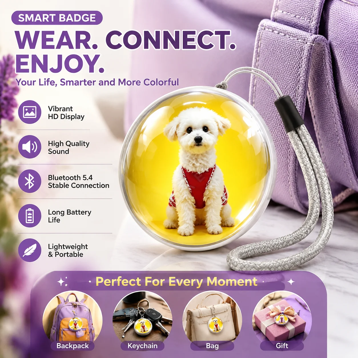 Mini Sphere Digital Photo Video Display Bluetooth 5.4 Speaker Portable Custom Picture Video Electronic Ball Keychain Lanyard