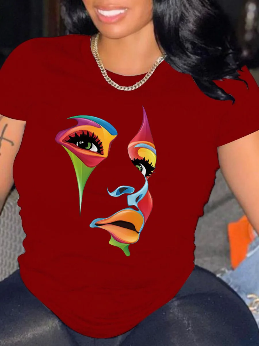 Camiseta gráfica casual feminina, blusa com gola redonda, roupa estampada da moda, primavera e verão, nova