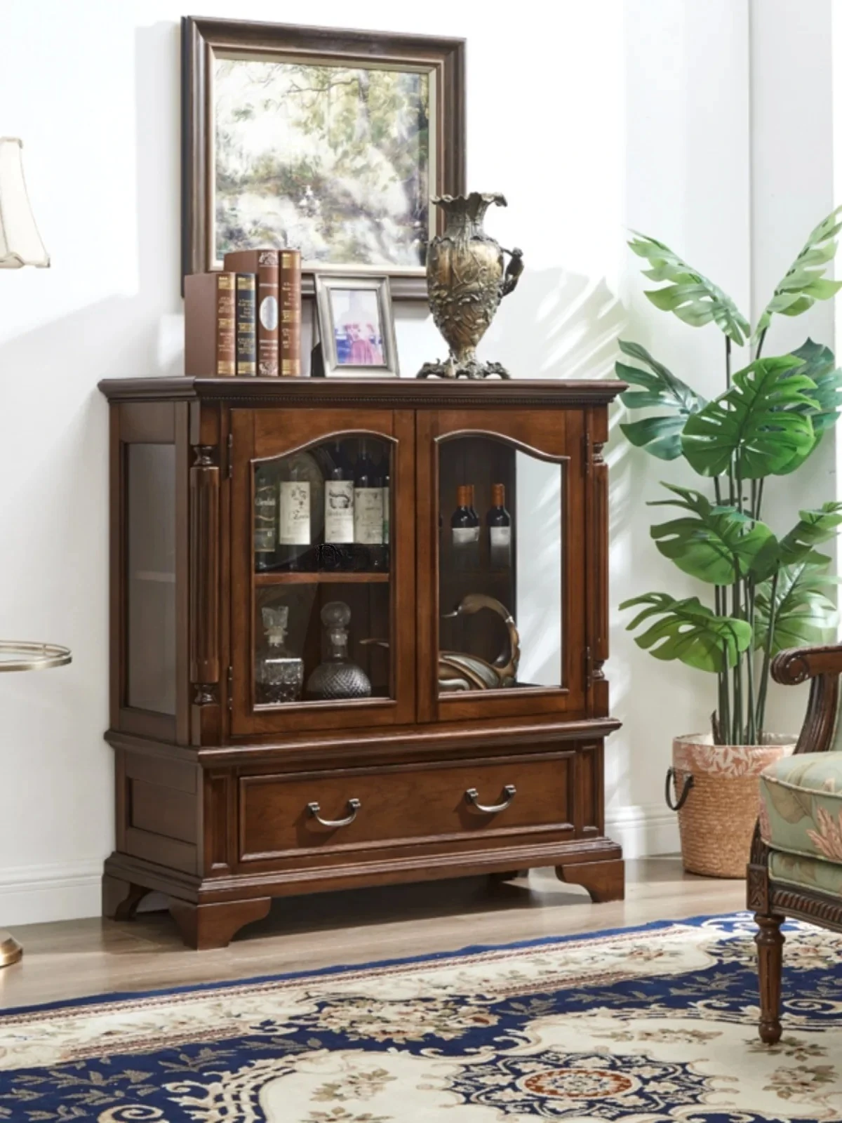 

N American-Style Solid Wood Wine Cabinet Household File Curio Cabinet Living Room Side Storage European-Style Sideboard Cabinet