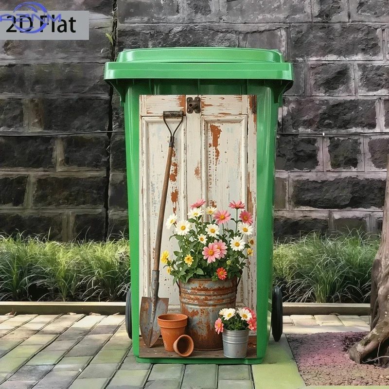 2D Flat Printing 1pc Trash Can Sticker 37×82cm Flower Bin and Old Door Scene Theme Design Self-Adhesive Wall Decal Wallpaper S