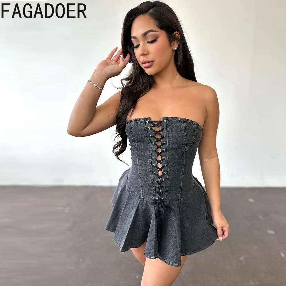 FAGADOER Fashion Denim Hollow Bandage Bodycon Mini Dresses Women Sleeveless Backless Lace Up Ruffle Vestidos Sexy Jean Clothing