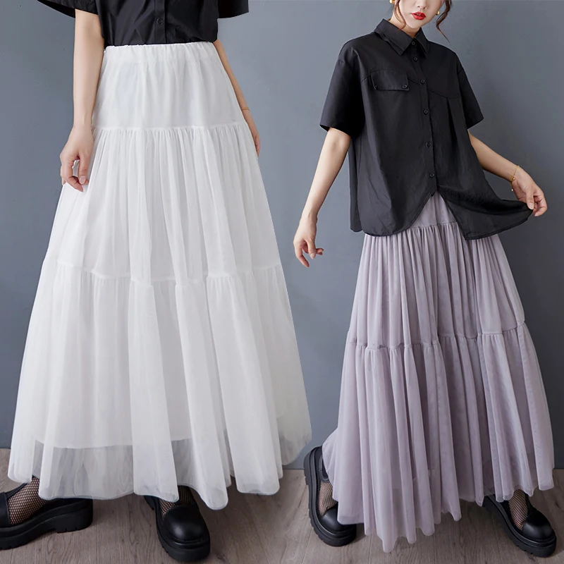 

Повседневная модная юбка-трапеция с высокой талией и широким подолом, шифоновая однотонная универсальная юбка-миди с эластичной резинкой на талии для молодых женщин