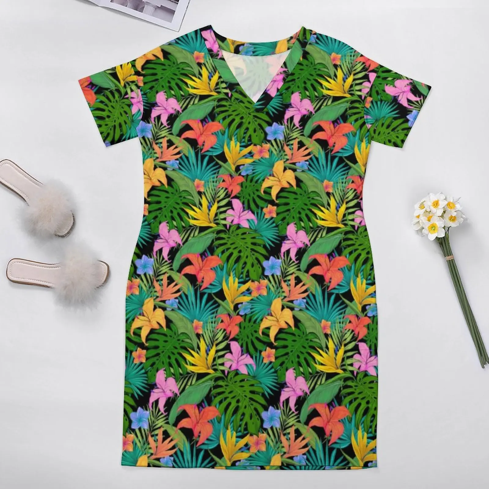 Colorful Bright Flowers Dress V Neck Palm Leaves Print Kawaii Dresses Women Aesthetic Casual Dress With Pocket Plus Size 4XL 5XL