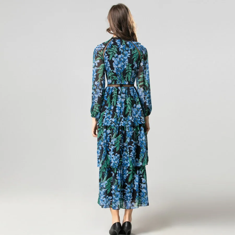 Elegante vestido longo em camadas novo sino azul impresso solúvel em água gancho flor cintura cinching vestido de manga longa 250226 XQ