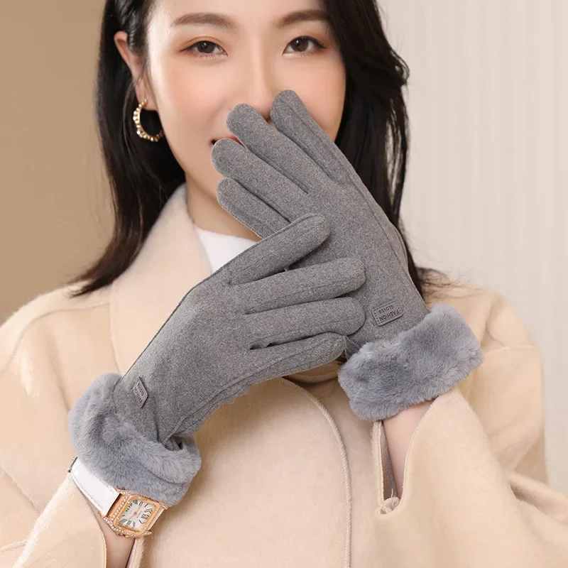 2024 Women Winter Suede Leather Gloves Warm Screen Women\'s Fur Gloves Full Finger Mittens Glove Driving Windproof Skin Friendly