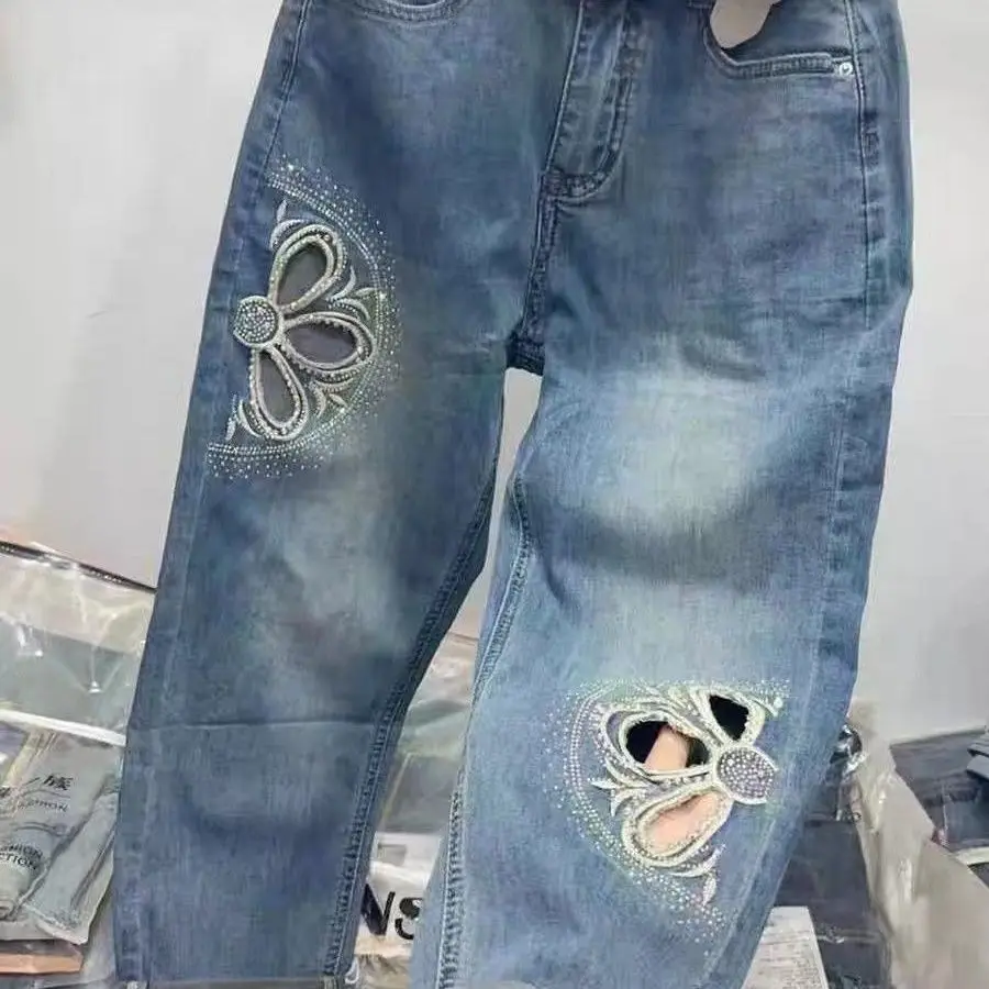 Shiny Diamond Embroidery Hollow-Out Jeans High-Waisted Slim Fashion All-Match Harem Pants Summer Lightweight Crop Length Jeans
