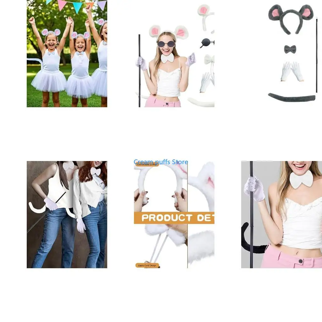 50LE Mouse Costume Accessories Set Mouse Ears Headband Tail Bowtie Round Sunglasses