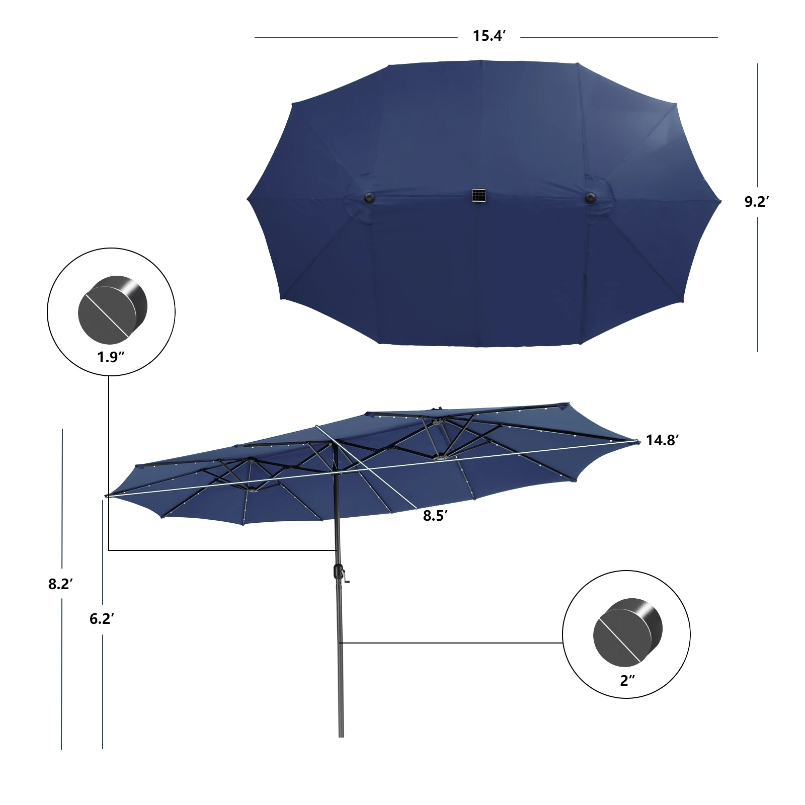 15FT Twin Patio Double-Sided Umbrella 48 Solar LED Lights Crank Outdoor Navy