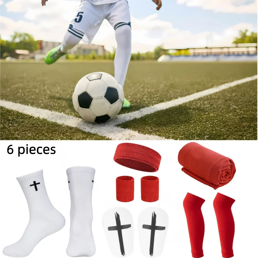 6Pcs Complete Men Soccer Accessories Kit Football Socks Shin Guards Sports Sleeves Set Towel Protective for Training
