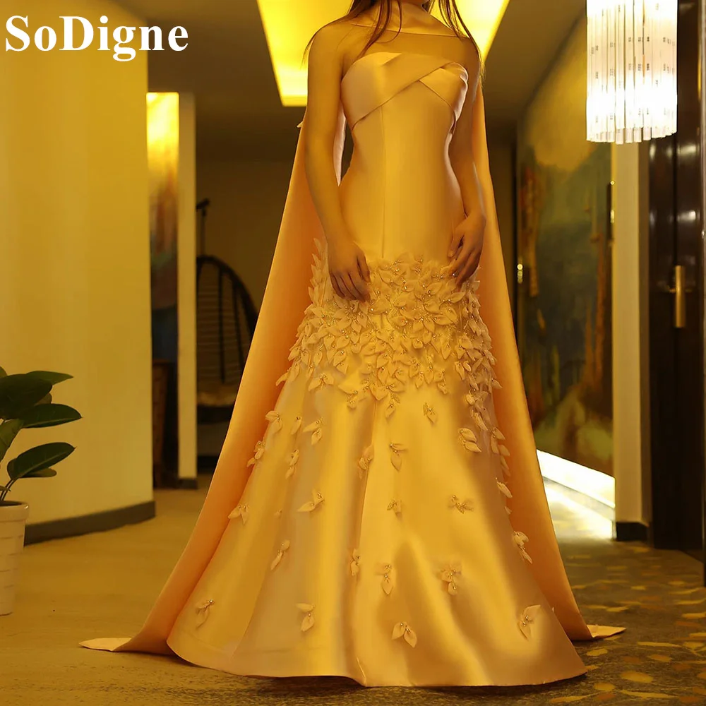 SoDigne Elegant Gold Strapless Evening Dresses A-Line 3D Leaves 2024 Women Luxury Arabic Party Prom Gown for Formal Occasion