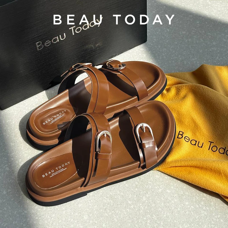 

BEAUTODAY Casual Slippers Women Genuine Leather Solid Double Strap Summer Beach Ladies Brown Footwears Handmade 34085