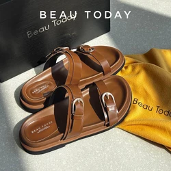 BEAUTODAY Casual Slippers Women Genuine Leather Solid Double Strap Summer Beach Ladies Brown Footwears Handmade 34085