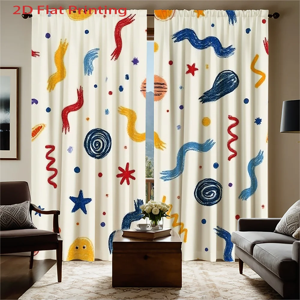2D Flat, 2pcs, 2D Flat Printing Curtains, Colorful Abstract Pattern with Stars Planets and Swirls, Rod Pocket Style Velvet Fabri