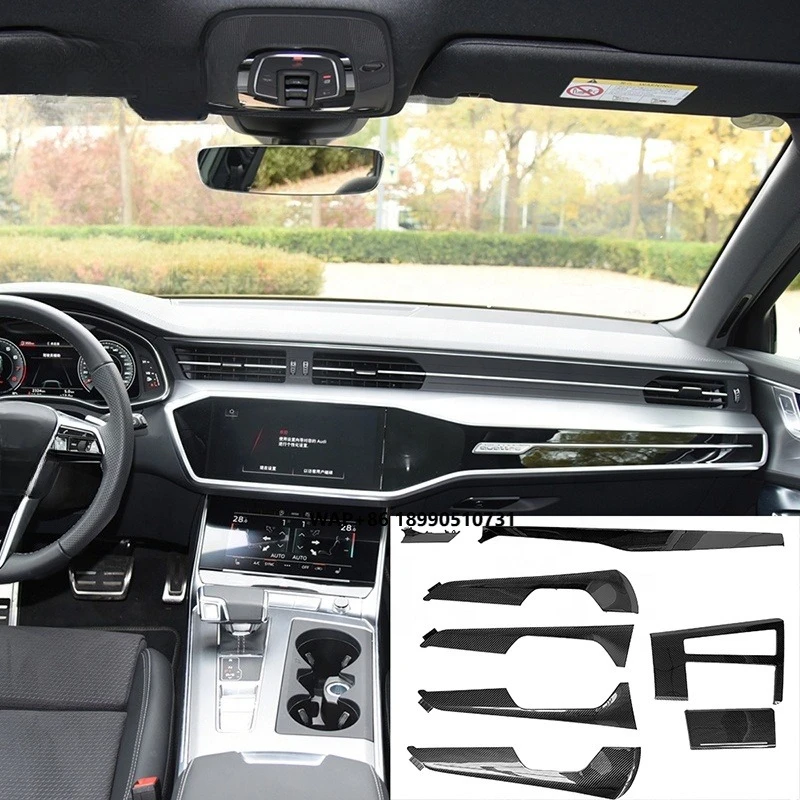 8 قطعة السيارات ألياف الكربون الحقيقية سيارة الداخلية الزخارف استبدال مجموعات الداخلية غطاء لوحة القيادة ل A6 C8 2021 #1