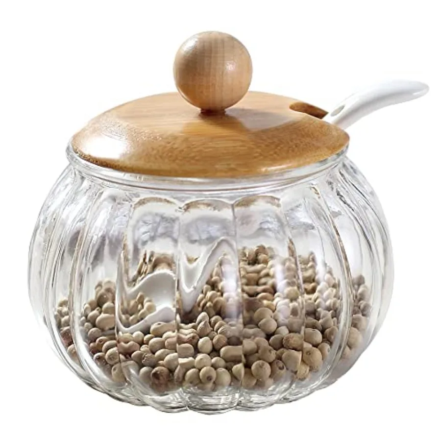 

Salt Cellar 8 Oz/ 250 ML Glass Container with Bamboo Lid Cute Pumpkin Condiment Jar Storage Canister with Scoop Kitchen Counter