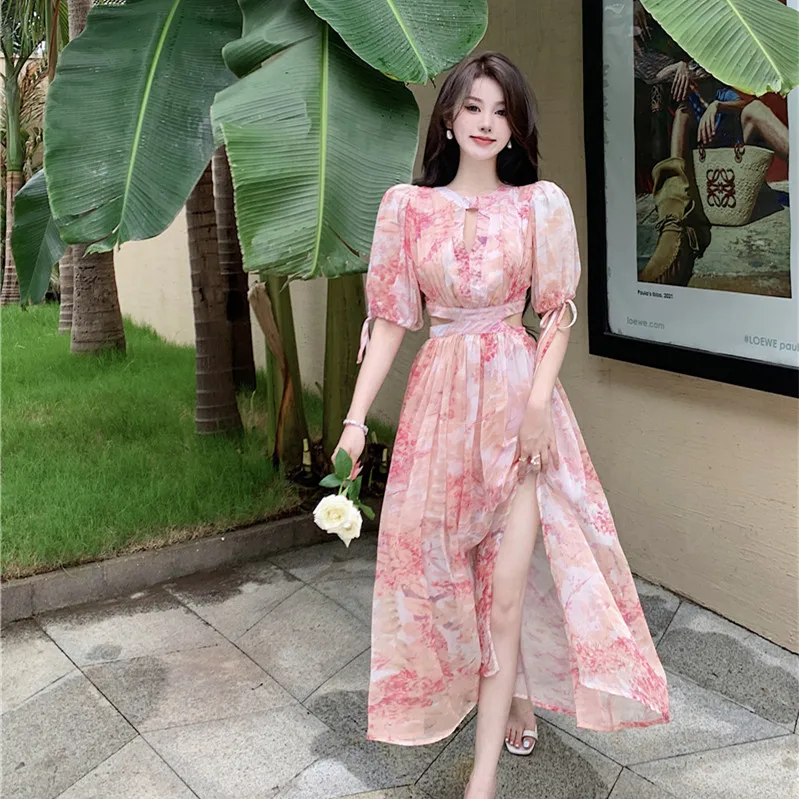 Beach Vaion Ele Beautiful ter Ne ort Sve Chiffon Dr Damen Hohe Taille Fade Farbe Blumendruck Maxi Dr