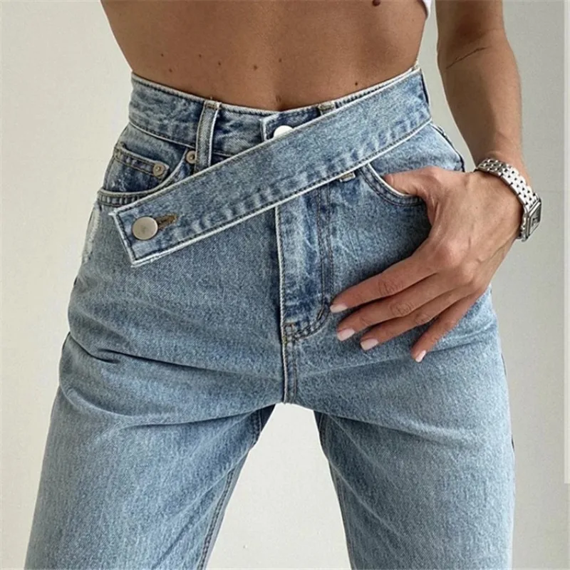 Jeans jeans de perna larga feminina, calça reta de chão, cintura alta, cinto oblíquo, solto, outono e inverno, novo, 2023