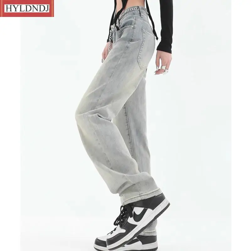 Light Blue Women Jeans Vintage High Waist American Streetwear Straight Baggy Trouser Fashion Casual Autumn Wide Leg Denim Pants