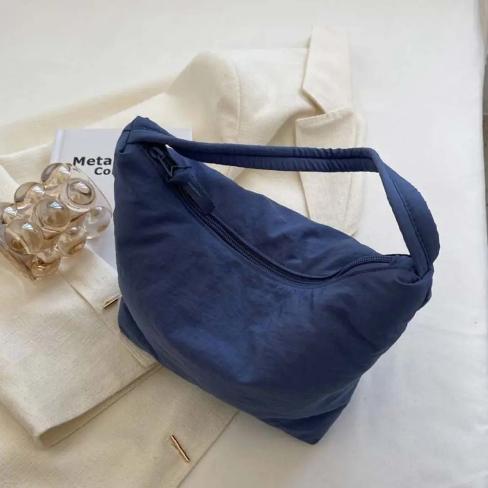 

Korean Style Solid Color Hand Bag Dumplings Bag Large Capacity Light Soft Nylon Bag with Flower Pendant Tote Bag Shoulder Bag