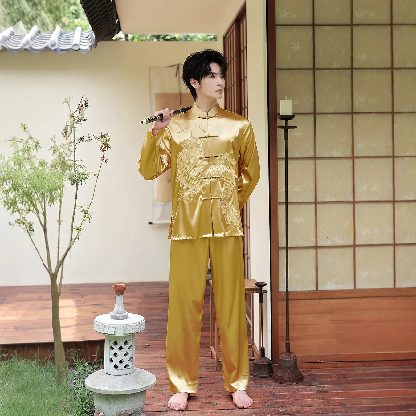 Mens Silky Satin Embroider Dragon Pajamas Set Male Long Sleeve Pyjamas Homewear Loungewear Chinese Kong Fu Tai Chi costume