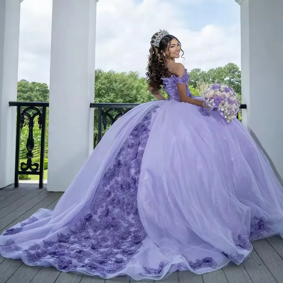 ที่กําหนดเอง Vestidos De Xv Quinceañera Lilac ลูกไม้ Appliqued Puffy Quinceanera ชุดลูกปัดวันเกิด 18th Party Dress IIIusion