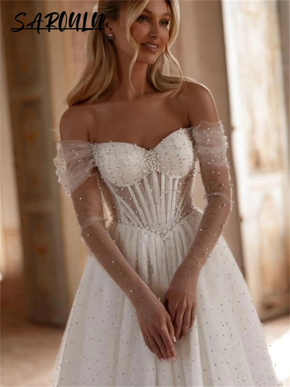 Sweety Off Shoulder Tulle Wedding Dress Sweetheart Pearls Customized Bride Dresses Bones Court Train Plus Size Bridal Gown