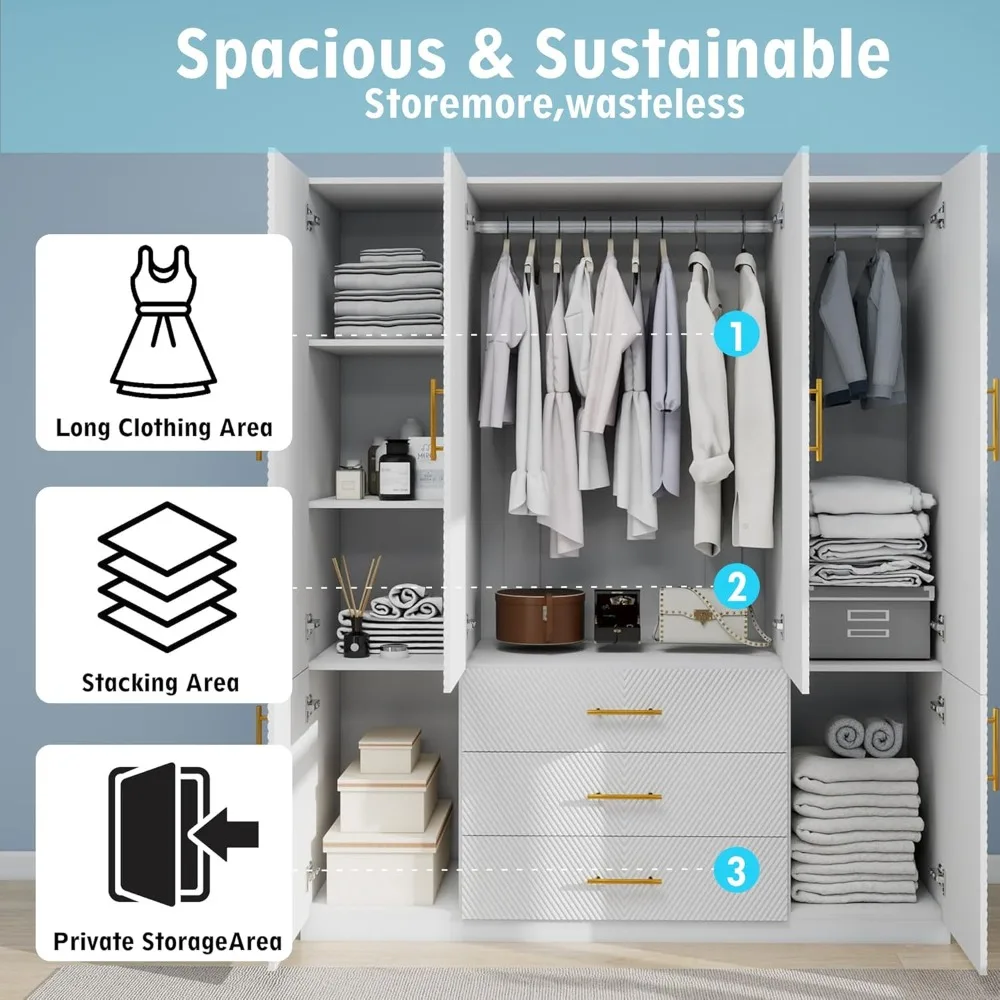 خزانة خزانة ملابس خشبية: خزانة ملابس كبيرة بـ 4 أبواب، 3 للخزانة الطويلة، خزانة ملابس لغرفة النوم مع #5