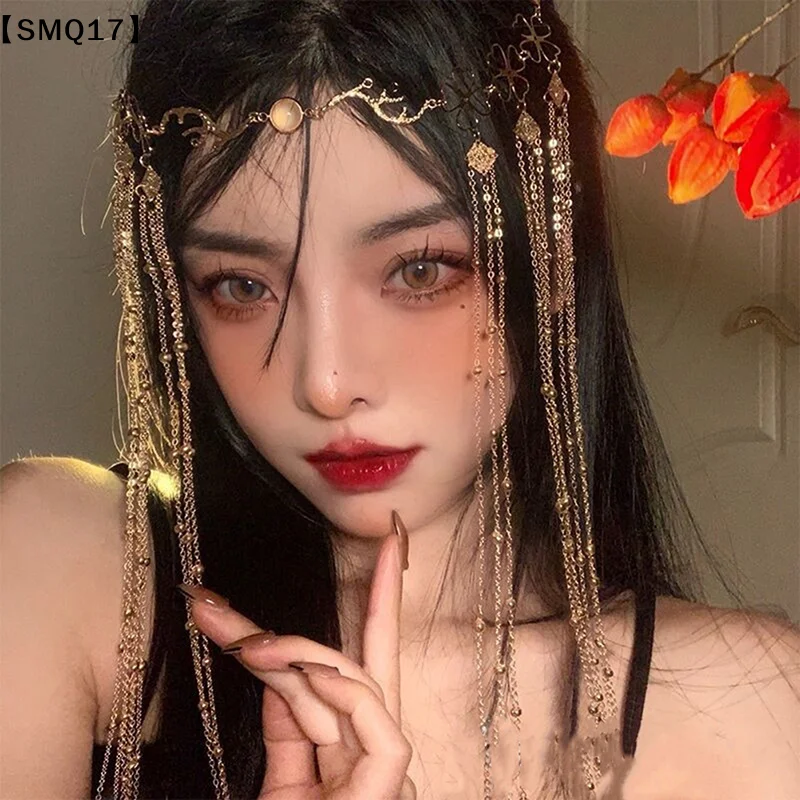 Tassel Ancient Style Hanfu Face Curtain Forehead Jewelry Net Red Hair Accessories Gold Retro Hair Card  Hair Accessories【SMQ】