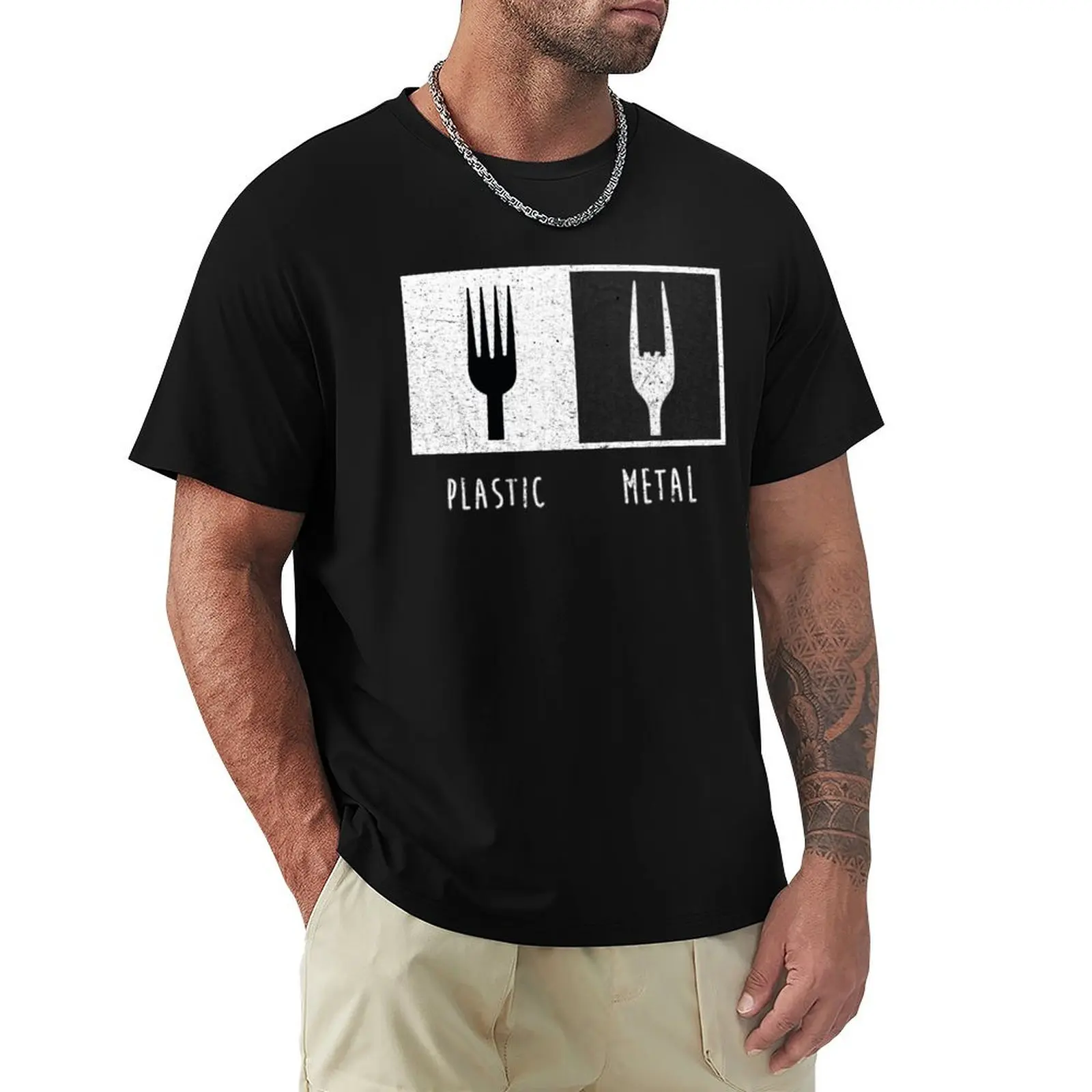 Plastic and Metal Fork T-Shirt Casual Loose Short Sleeve Tee for Men