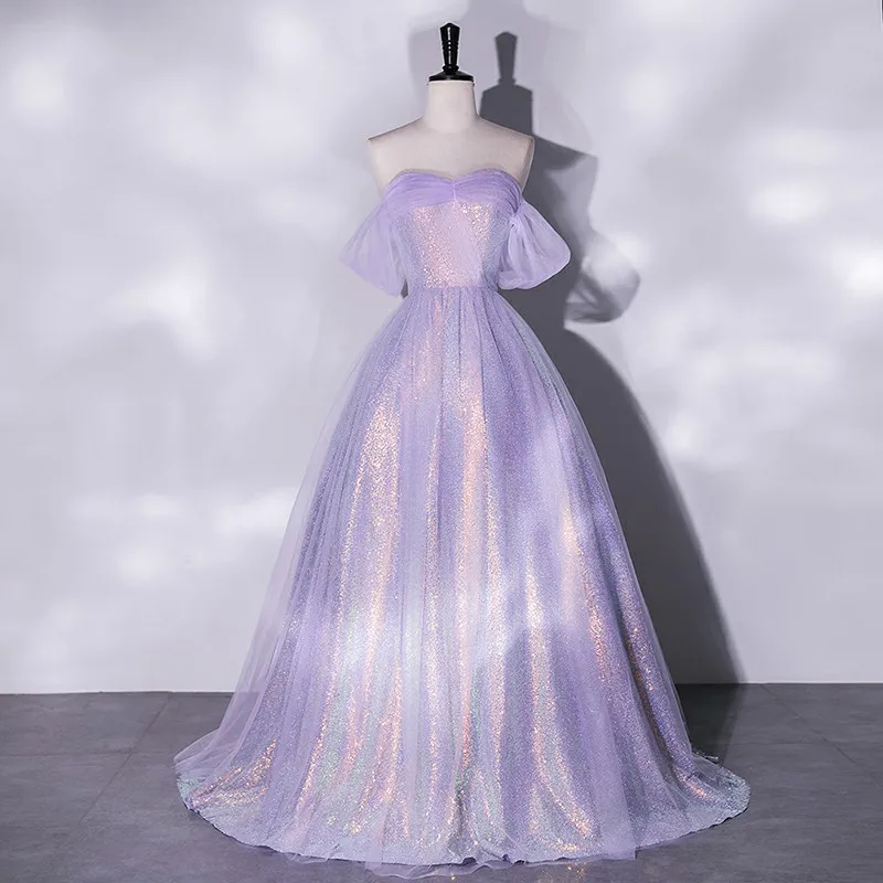 

Purple Starry Sky Evening Dress Women Boat Neck Backless A-line Sequin 15age Quinceanera Dresses Exquisite Sweet Graduation Gown