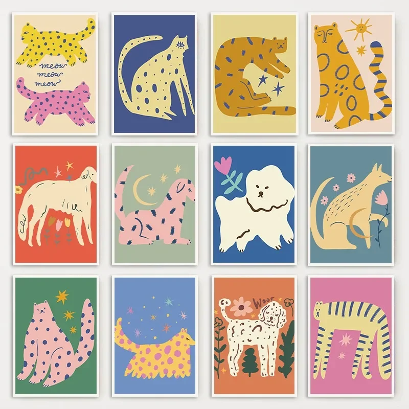 1pc frameless Canvas Painting Modern Abstract Animals Poster Cute Cat Dog Colorful Animal Canvas Painting Wall Art Picture Nurse