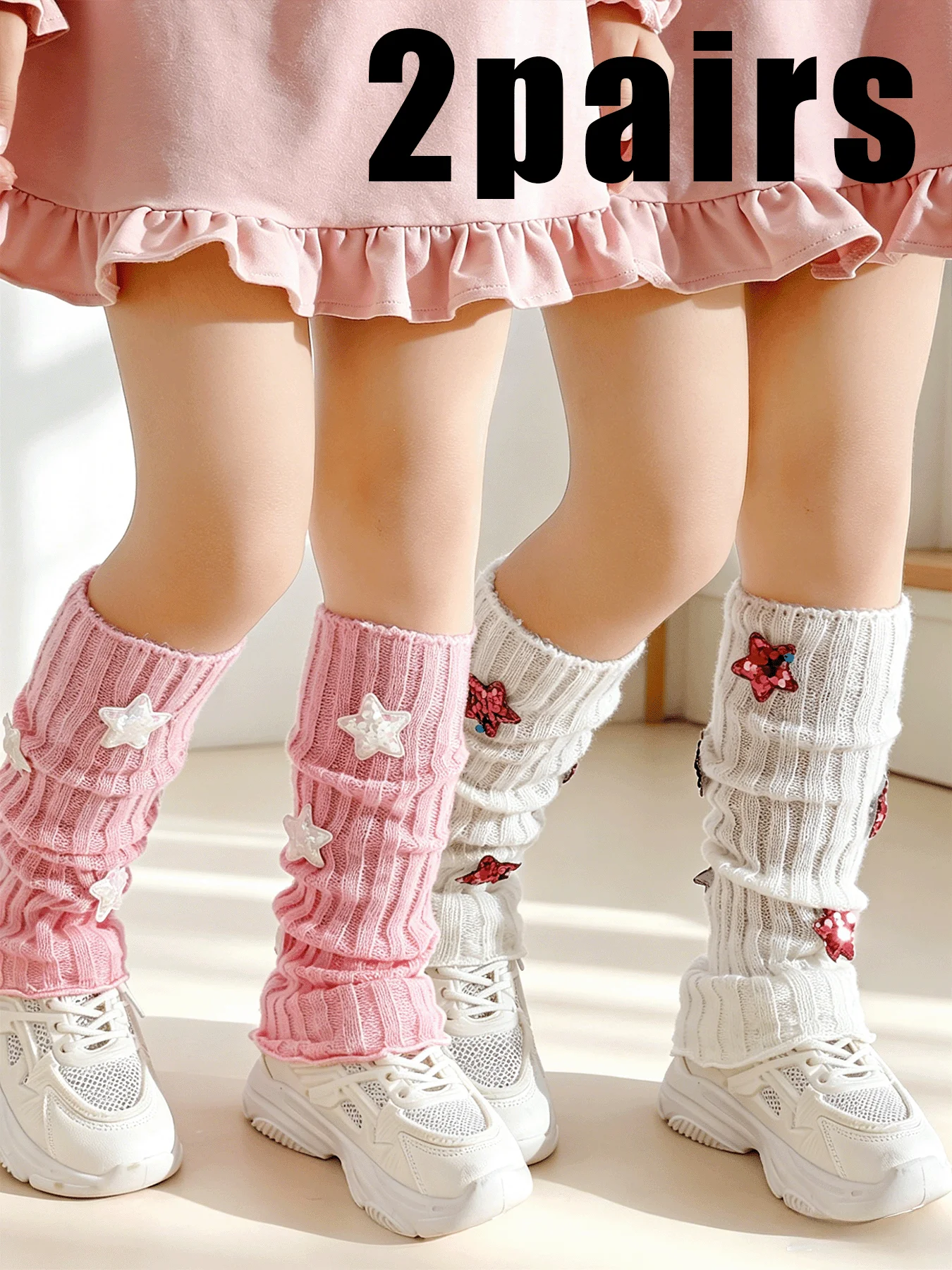 2 Pairs of Girls Star Sequin Knit Leg Warmers Ribbed Long Sock Covers Cute Daily Wear For Kids Sweet Style Fashion Accessory Set