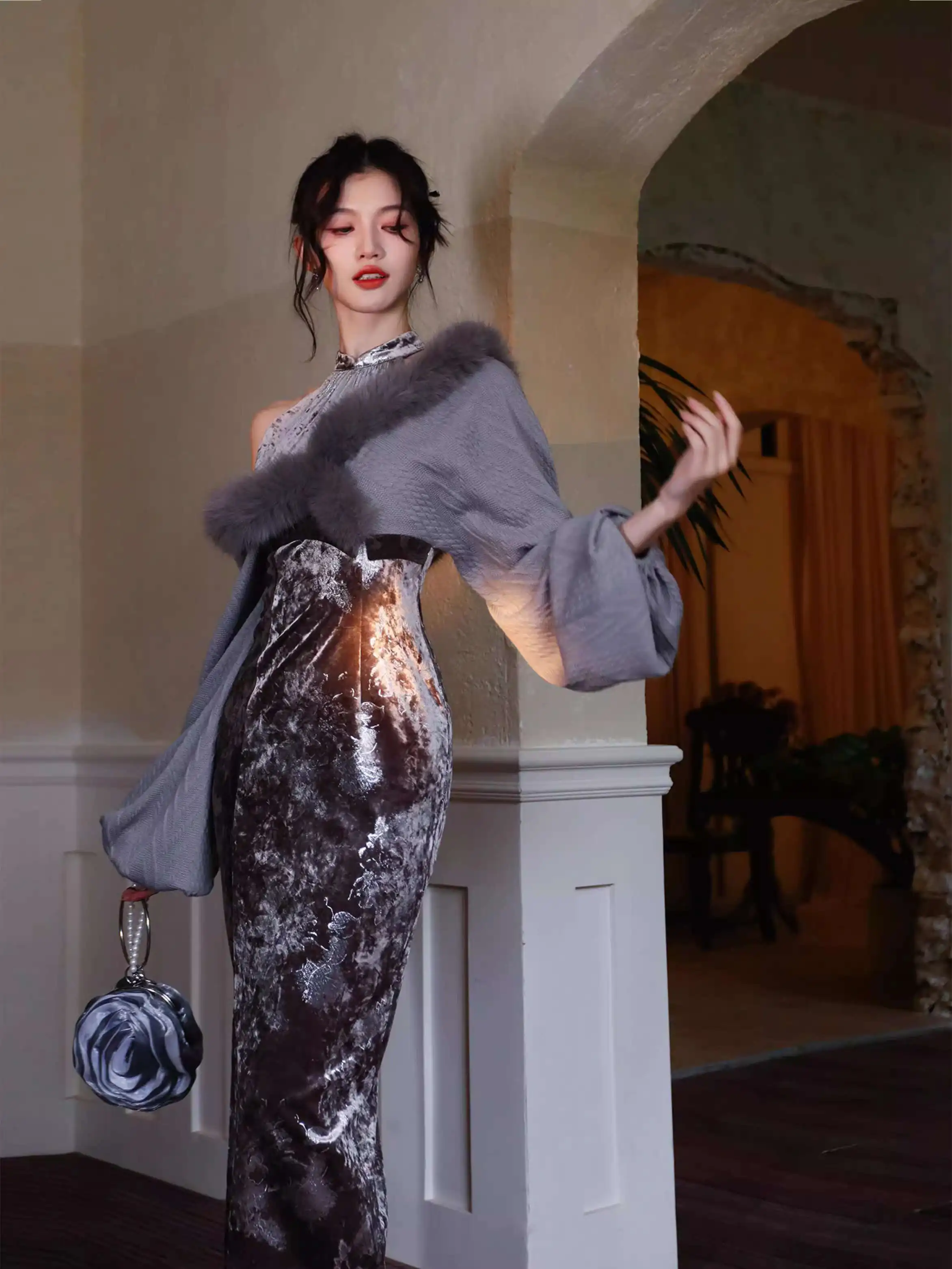 

Новый китайский стиль, национальный стиль, элементы Хань, горячая серебряная проволока, Rongxue Neil Knit, серый длинный Cheongsam, искусственный комплект из двух предметов