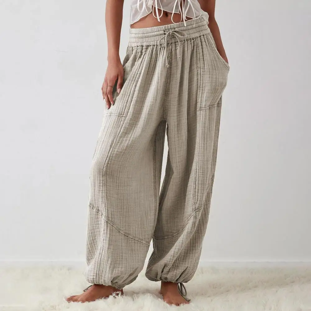 Women Harem Pants Summer Casual Vintage Cotton Linen Pants Elastic Waist Wide Leg Fashion Loose Pockets Female Trousers S-5XL