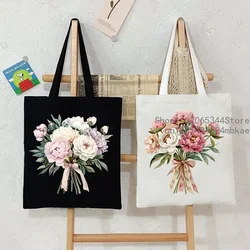 Aesthetics Peony Graphic Tote Bag Women Sweet Watercolor Paeoniaceae Canvas Handbags Fashion Vintage Women Floral Shoulder Bag