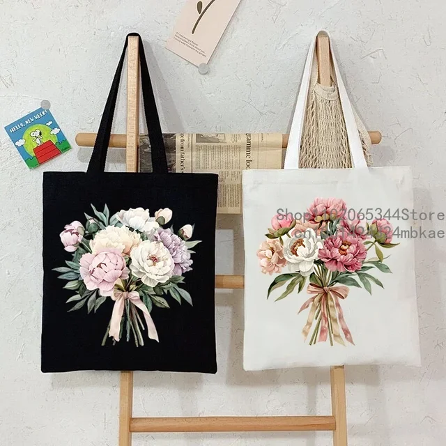 Estetyka piwonia graficzna torba z grubej bawełny kobiety słodka akwarela Paeoniaceae płócienne torebki moda Vintage kobiety kwiecista torba na ramię