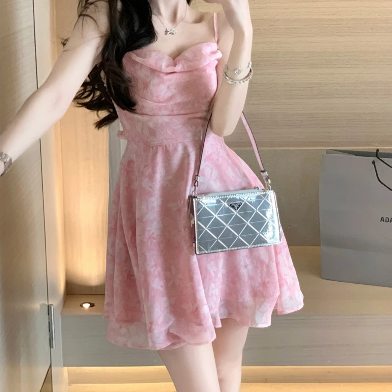 Women\'s Pink Flora Chiffon Dress, Korean Style Camisole, A-line Dress, Sweet Dress for Female, Casual Sexy Clothing, Spring, Sum