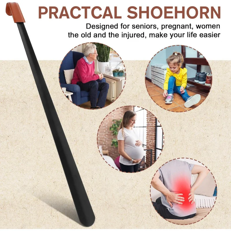 1Pcs Heavy-Duty Extra-Long Shoehorn (1.2/1.5/1.8mm Thick) w Leather Grip - for Elderly, Men & Women, Fits All Shoes