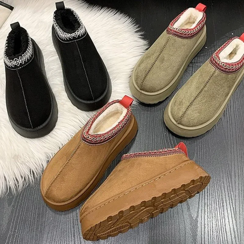 Snow Boots for Women SyfIyno Winter New Cashmere Warm Thick Soles Without Heel-covered Hair Half Slipper Cotton Shoes for Women