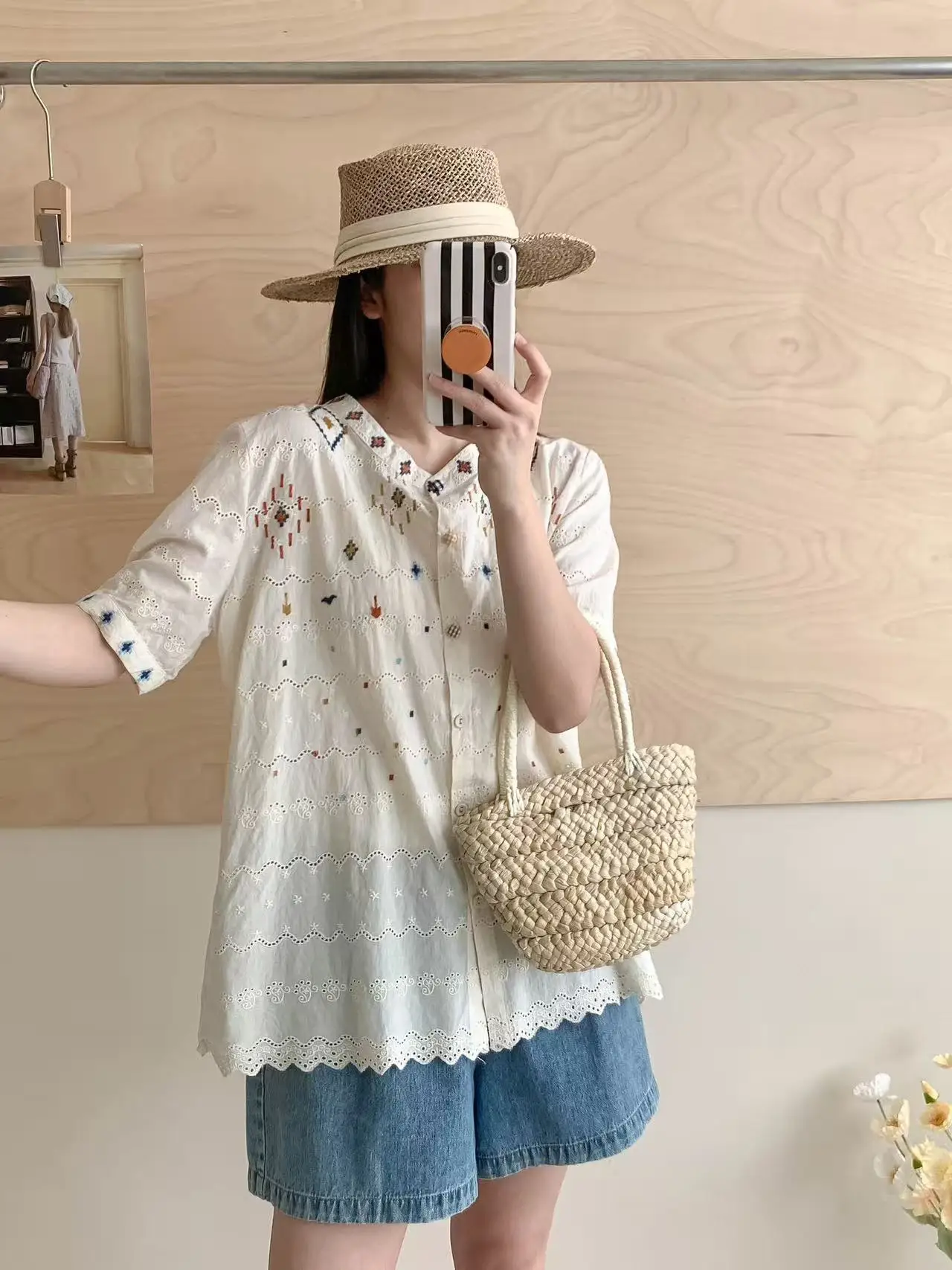 ใหม่2025ฤดูร้อนผ้าฝ้ายแขนสั้นเสื้อผู้หญิงยืนเย็บปักถักร้อย, MoriสาวRetroสไตล์จีนเดินทางเสื้อหลวมT56051CC