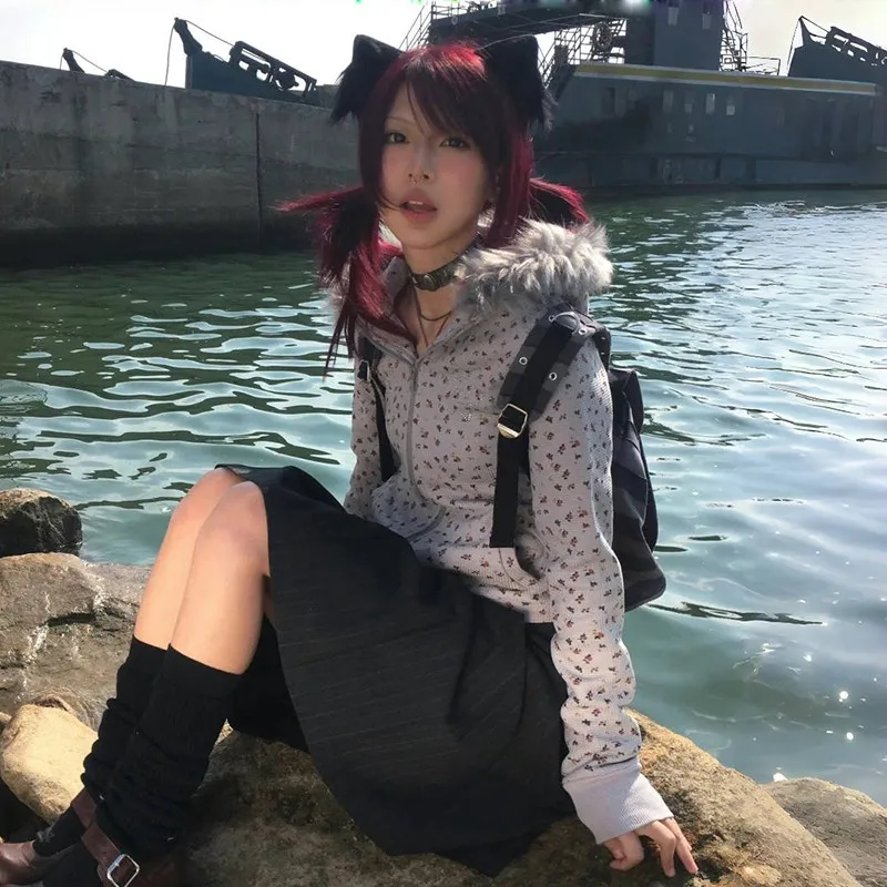 Karrram Japanese Y2k Fur Hooded Coat Vintage Harajuku Floral Winter Jacket 2000s Aesthetics Rhinestone Print Outerwear Fairycore
