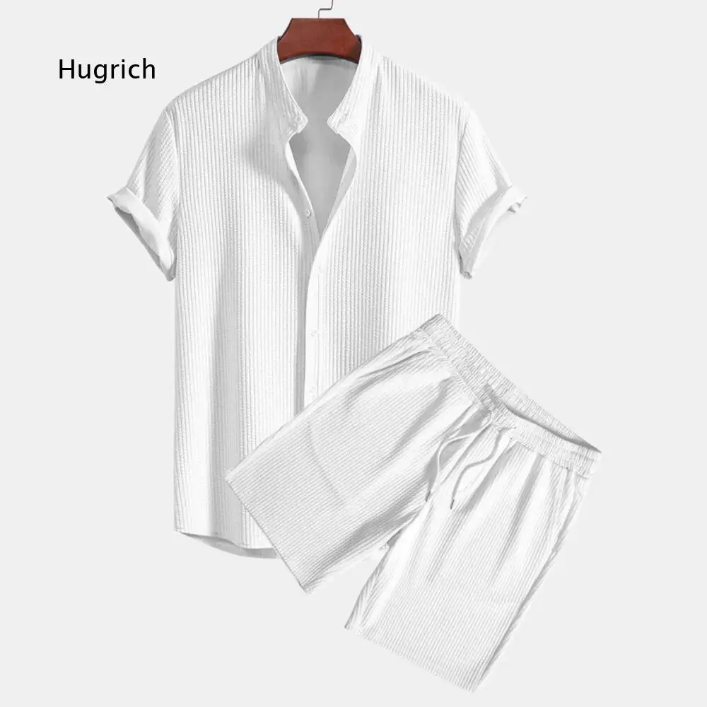 Waffle Textured Two Piece Clothing Set For Men Stand Collar Short Sleeve Button Shirt And Drawstring Waist Shorts For Daily Wear