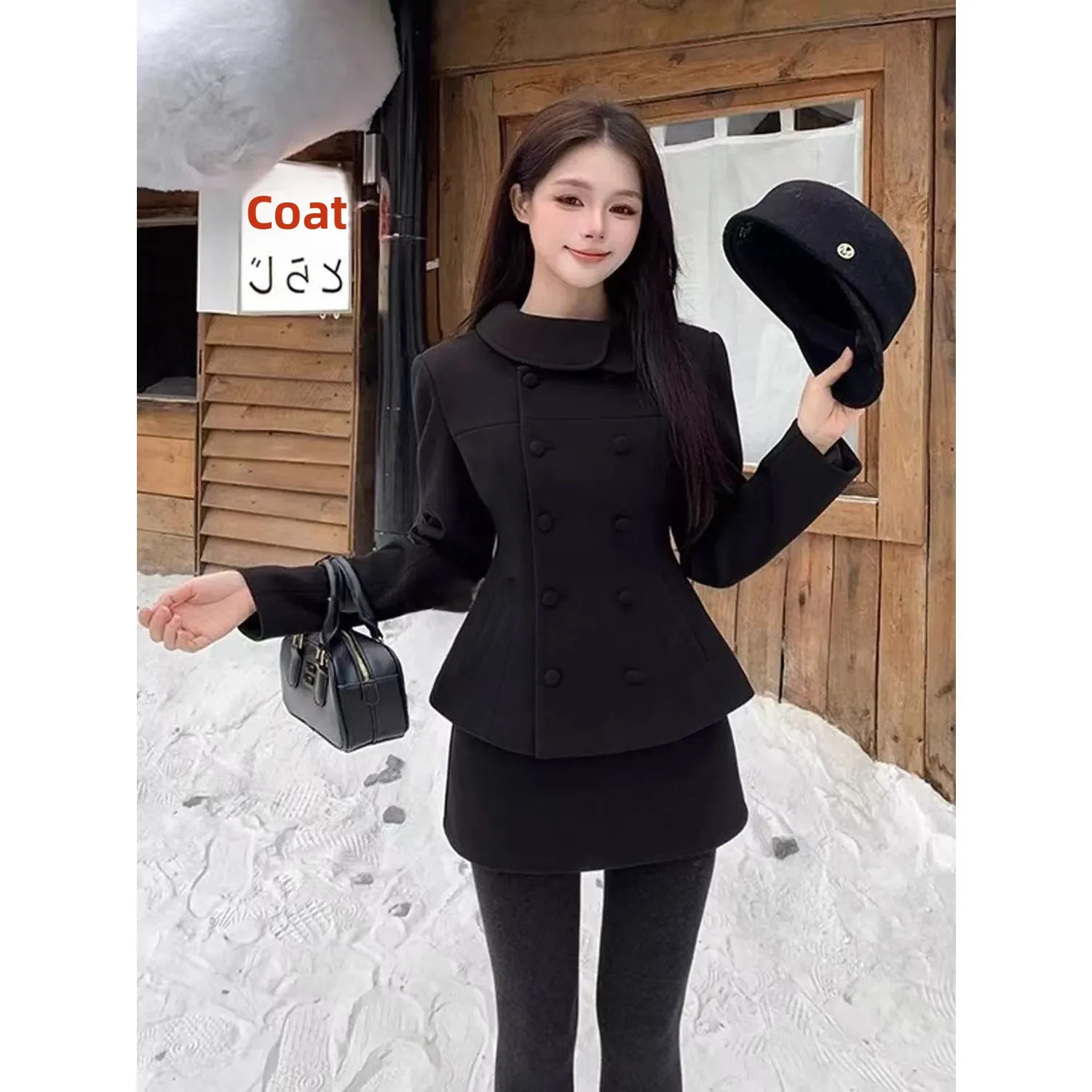 Black Woolen Suit Jacket And  Skirt Set Rich Girl Style Two-Piece Korean High-End Feeling Casual Sportswear for Women