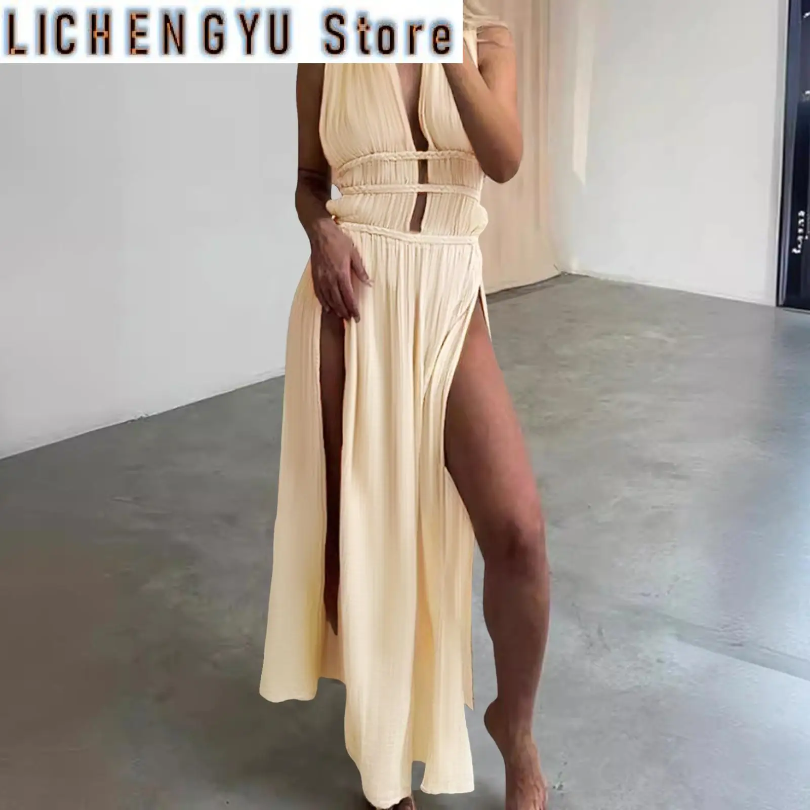 

Sleeveless Retro Long Dress Women High Waist Deep V Slip Robe Temperament Solid Sexy Dress Fashion Summer Dress Outfits