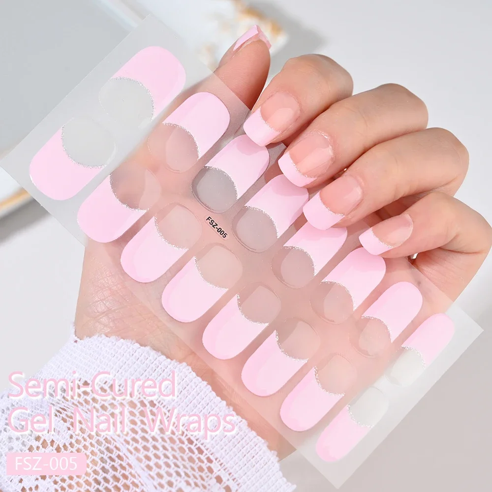 Autocollants de bandes d'ongles en gel semi-durci, enveloppes d'ongles en gel français, vernis UV, presse sur les curseurs, blanc, 16 embouts par feuille, N64.