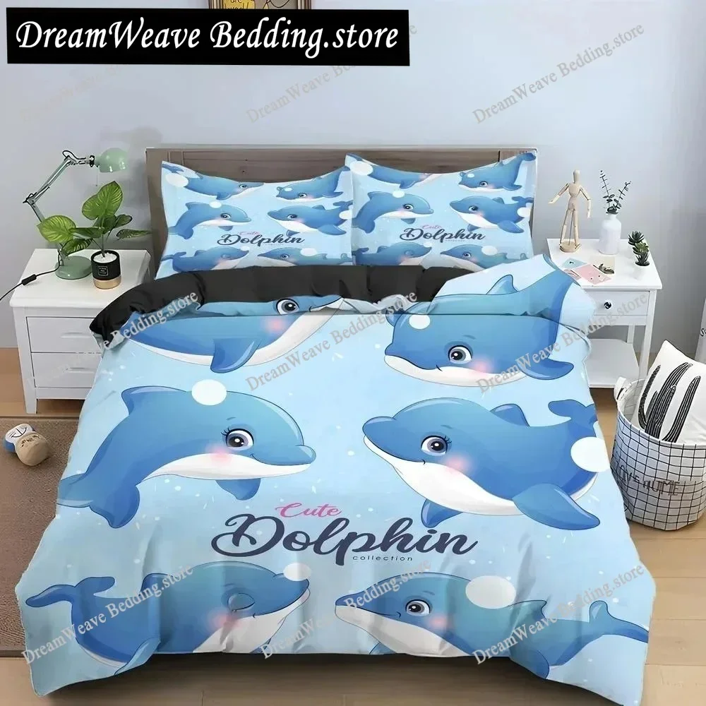 Bule Dolphin Whale King Queen Duvet Cover Underwater World Bedding Set Cartoon Sea Animal Comforter Cover Polyester Quilt Cover5