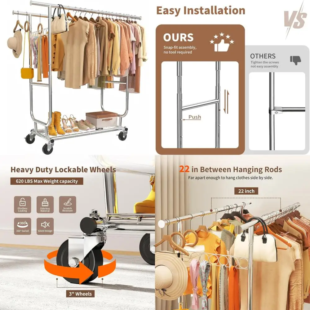 

Heavy-Duty Commercial Collapsible Portable Garment Rack for Hanging Clothes, Supporting Up to 620LBS