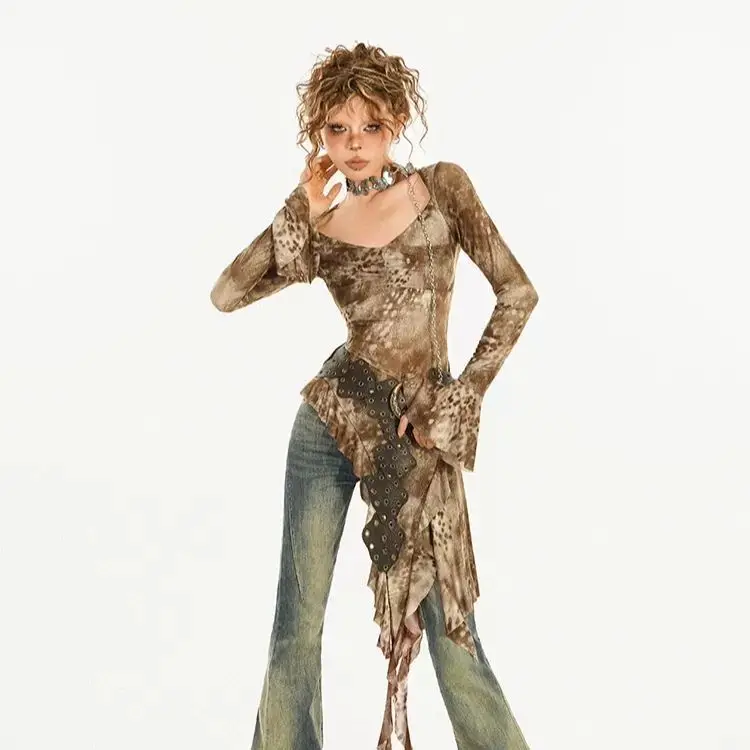 

Women's Tie Dye Irregular Design Flared Sleeves T-shirt Cool Girl Sweatshirt Slim Top Vintage Fashion Temperament Top